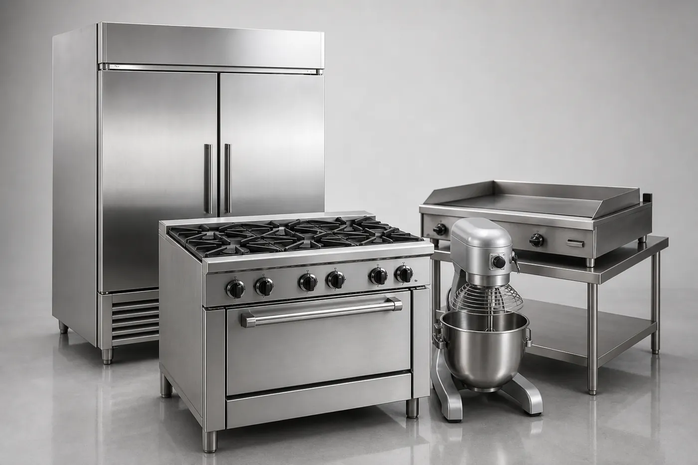 Equipamentos profissionais para cozinha industrial da Imperial Equipamentos: refrigerador inox, fogão industrial, batedeira e chapa