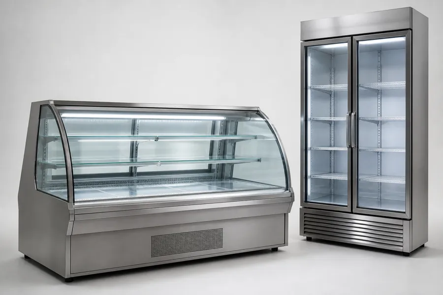Equipamentos de refrigeração comercial: balcão refrigerado com vidro curvo e refrigerador expositor