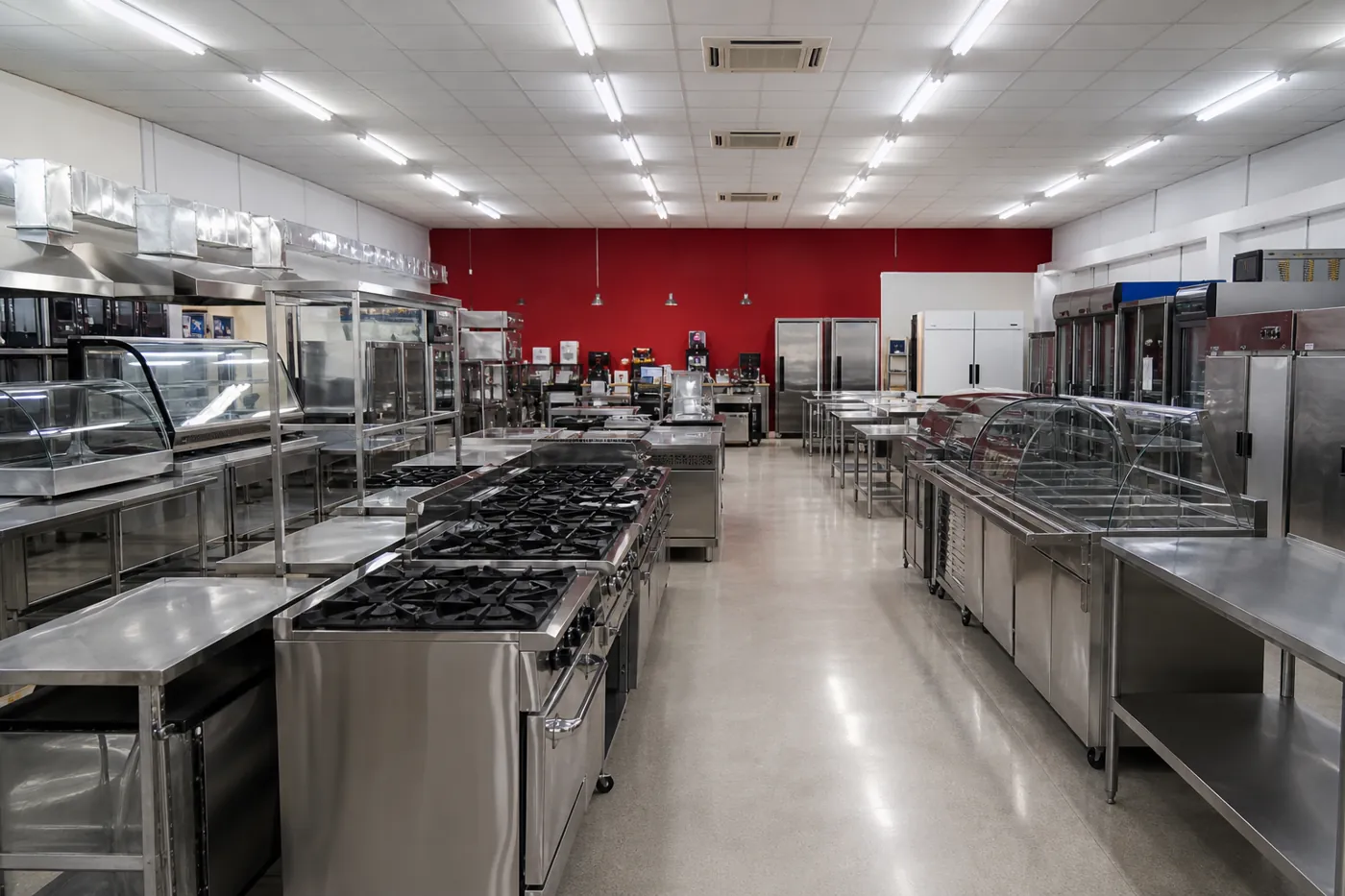 Showroom com fogões industriais, refrigeradores, balcões refrigerados e mesas em inox
